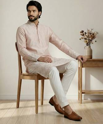 Peach designer festive wear satin kurta-pajama 4