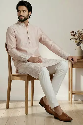 Peach designer festive wear satin kurta-pajama