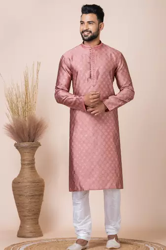 Peach designer festive wear jacquard kurta-pajama