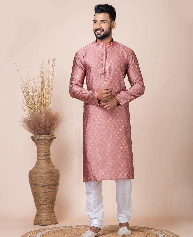 Peach designer festive wear jacquard kurta-pajama