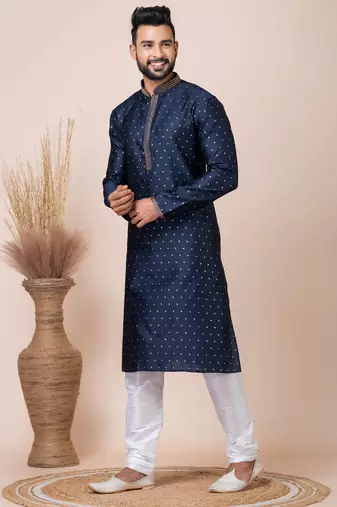 Navy blue designer festive wear jacquard kurta-pajama