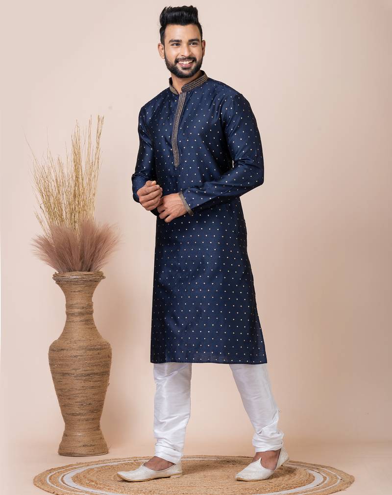 Navy blue designer festive wear jacquard kurta-pajama