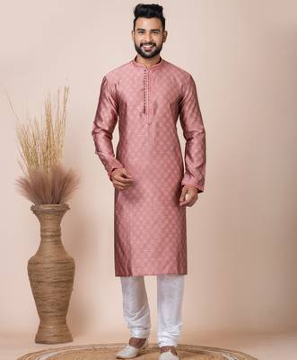 Peach designer festive wear jacquard kurta-pajama 2