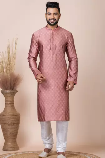 Peach designer festive wear jacquard kurta-pajama