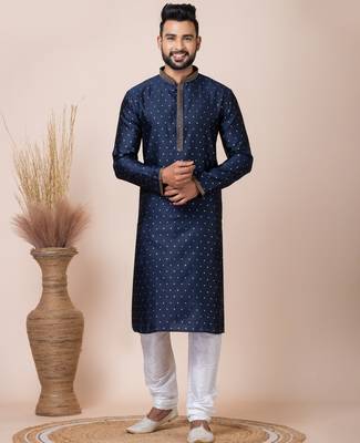 Navy blue designer festive wear jacquard kurta-pajama 3