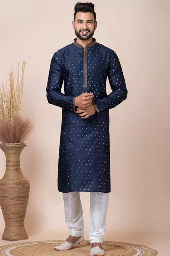Navy blue designer festive wear jacquard kurta-pajama