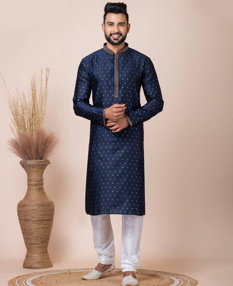 Navy blue designer festive wear jacquard kurta-pajama