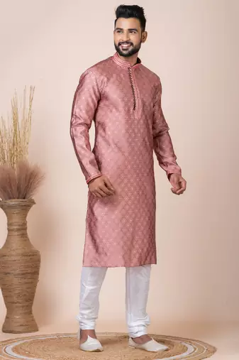 Peach designer festive wear jacquard kurta-pajama