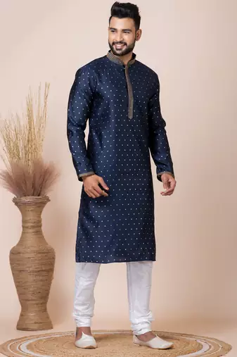 Navy blue designer festive wear jacquard kurta-pajama