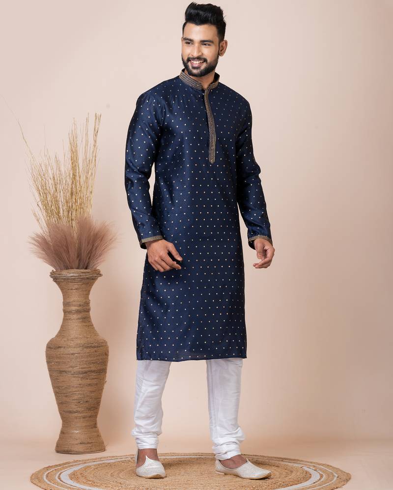 Navy blue designer festive wear jacquard kurta-pajama
