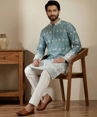 Aqua blue designer festive wear satin kurta-pajama 3