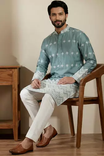 Aqua blue designer festive wear satin kurta-pajama