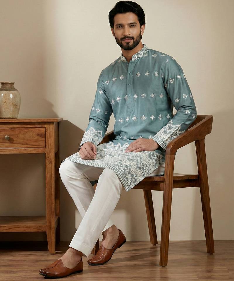 Aqua blue designer festive wear satin kurta-pajama