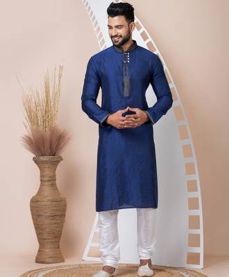 Navy blue designer festive wear jacquard kurta-pajama 3