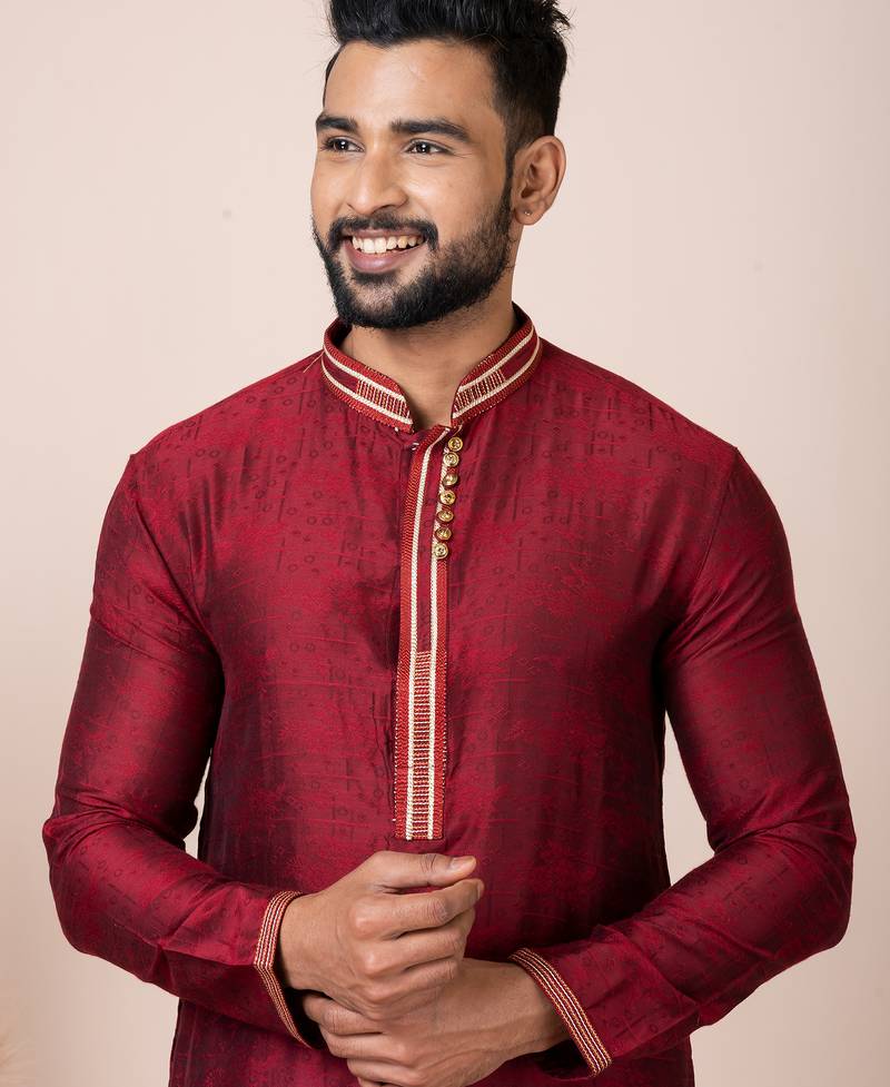 Maroon designer festive wear jacquard kurta-pajama