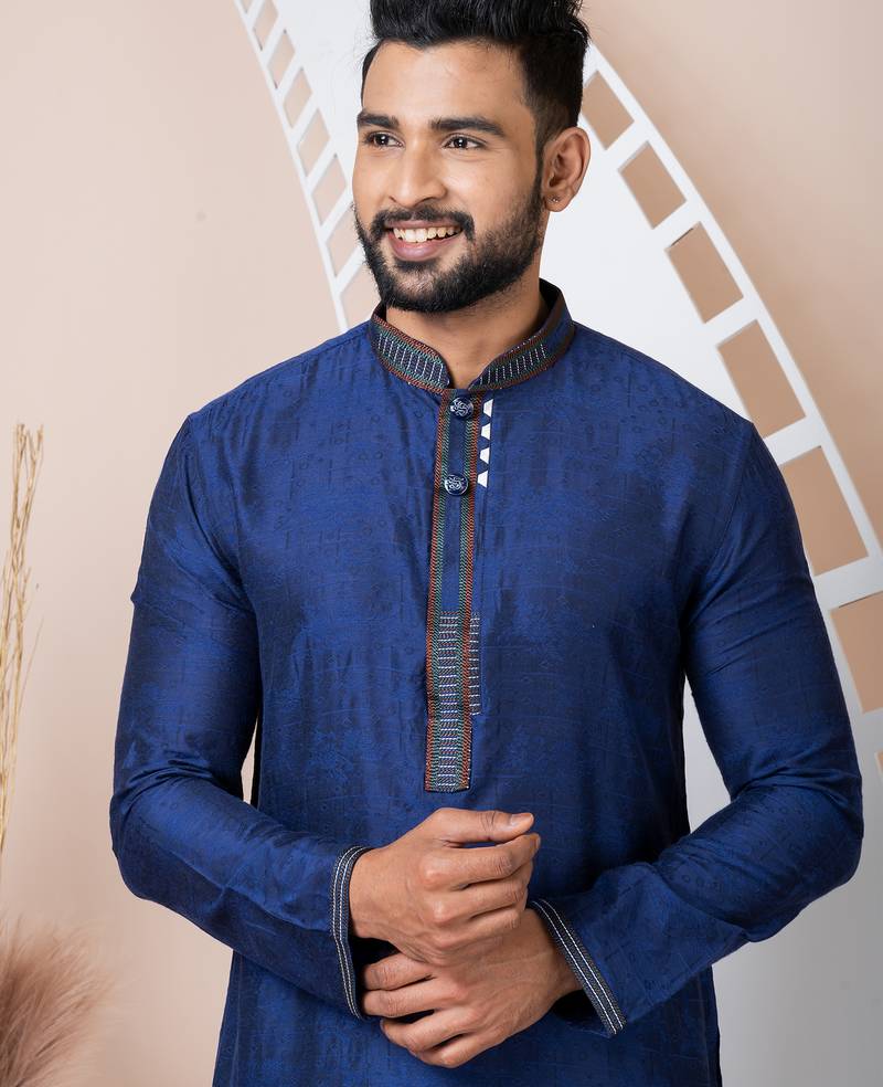 Navy blue designer festive wear jacquard kurta-pajama