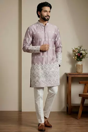 Pink designer festive wear satin kurta-pajama