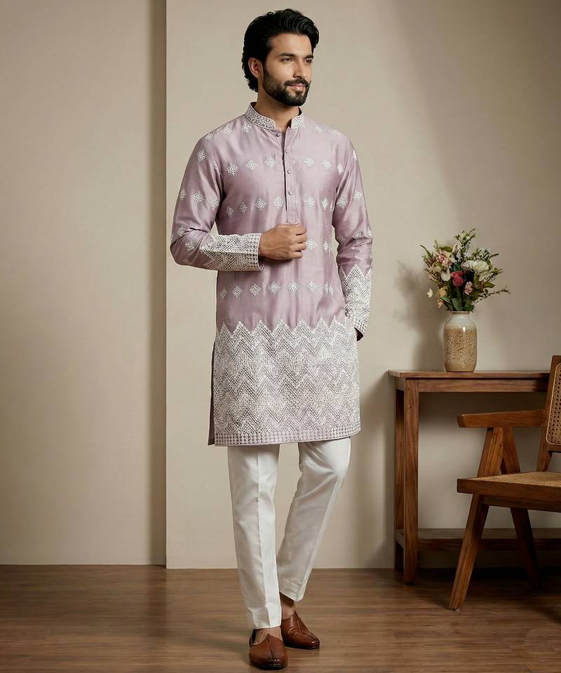 Pink designer festive wear satin kurta-pajama