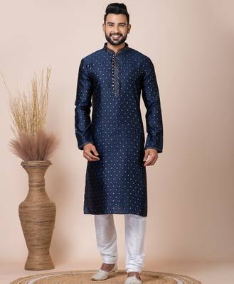 Navy blue designer festive wear jacquard kurta-pajama 1