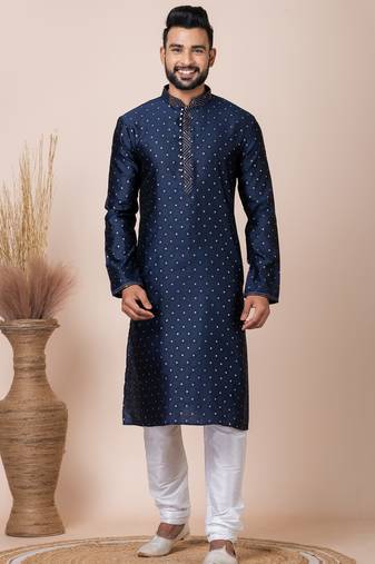 Navy blue designer festive wear jacquard kurta-pajama