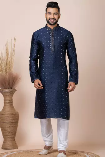 Navy blue designer festive wear jacquard kurta-pajama