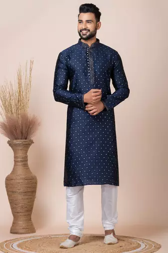 Navy blue designer festive wear jacquard kurta-pajama