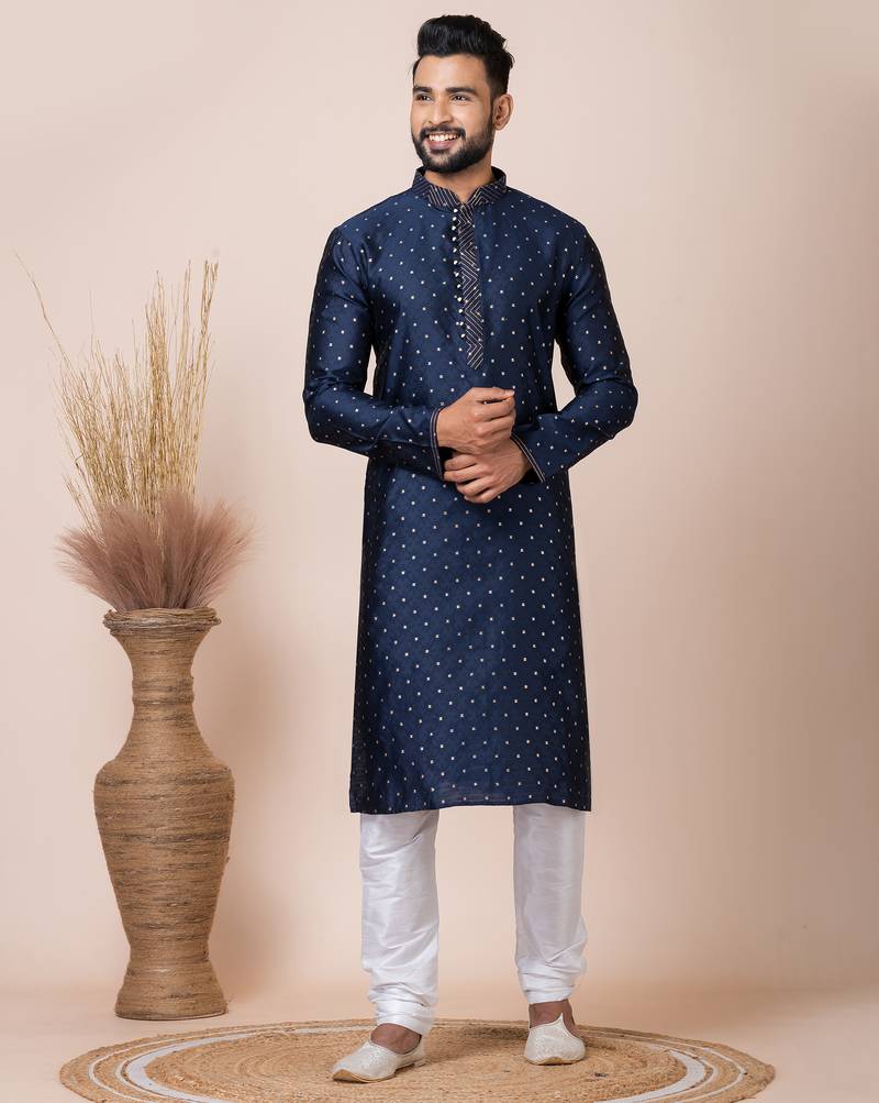 Navy blue designer festive wear jacquard kurta-pajama