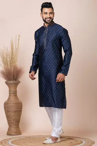 Navy blue designer festive wear jacquard kurta-pajama