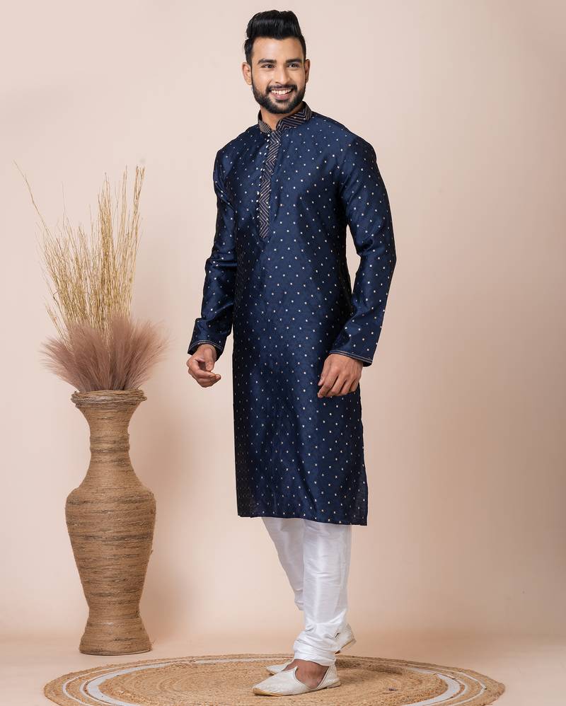 Navy blue designer festive wear jacquard kurta-pajama