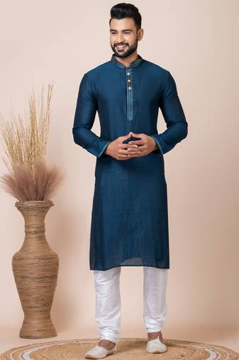 Dark blue designer festive wear jacquard kurta-pajama