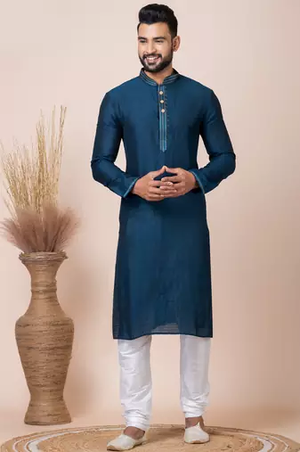Dark blue designer festive wear jacquard kurta-pajama