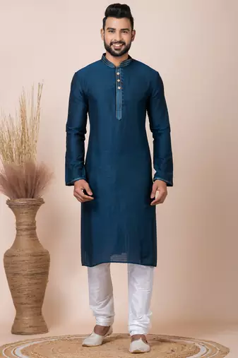 Dark blue designer festive wear jacquard kurta-pajama
