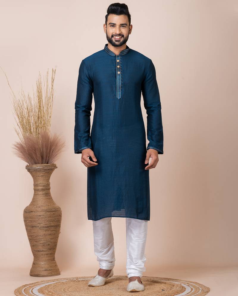 Dark blue designer festive wear jacquard kurta-pajama
