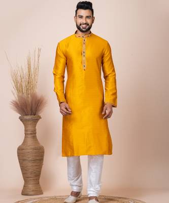 Yellow designer festive wear jacquard kurta-pajama 1