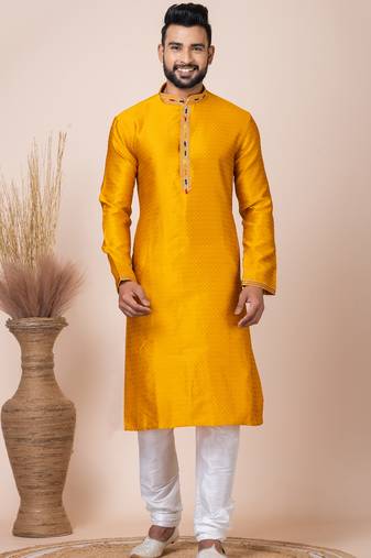 Yellow designer festive wear jacquard kurta-pajama
