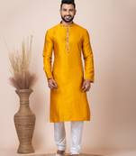 Yellow designer festive wear jacquard kurta-pajama