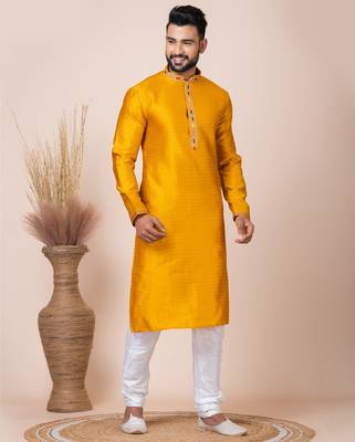 Yellow designer festive wear jacquard kurta-pajama 2
