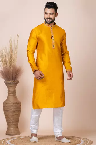 Yellow designer festive wear jacquard kurta-pajama