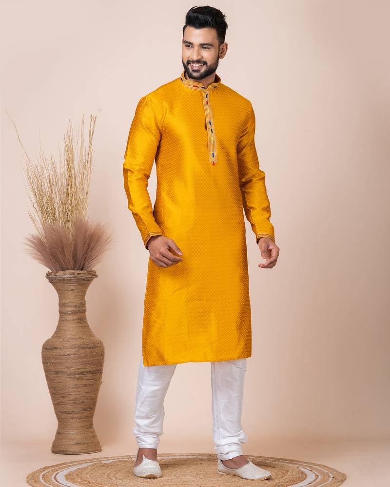 Yellow designer festive wear jacquard kurta-pajama