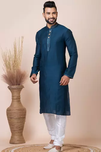 Dark blue designer festive wear jacquard kurta-pajama
