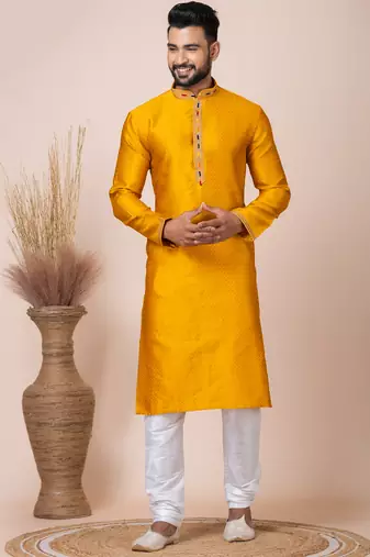 Yellow designer festive wear jacquard kurta-pajama