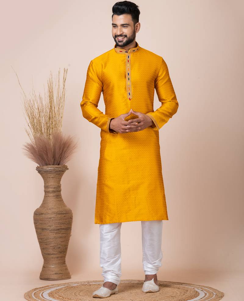 Yellow designer festive wear jacquard kurta-pajama