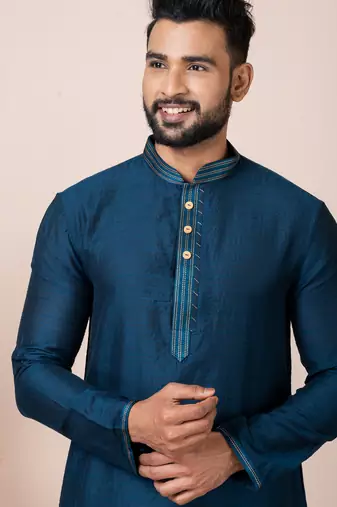 Dark blue designer festive wear jacquard kurta-pajama
