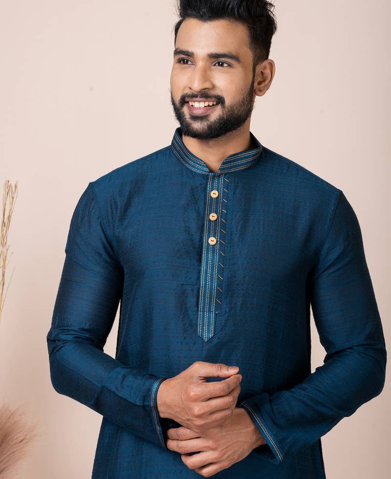 Dark blue designer festive wear jacquard kurta-pajama