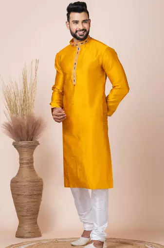 Yellow designer festive wear jacquard kurta-pajama
