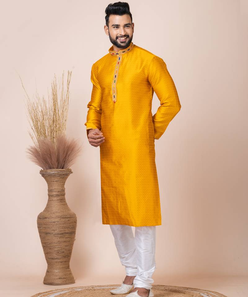 Yellow designer festive wear jacquard kurta-pajama