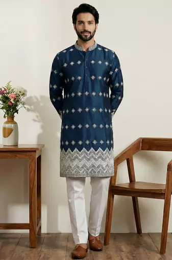 Navy blue designer festive wear satin kurta-pajama