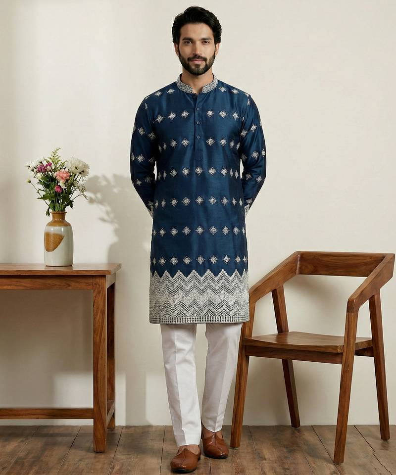 Navy blue designer festive wear satin kurta-pajama