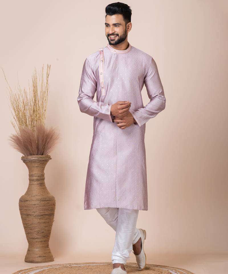 Peach designer festive wear jacquard kurta-pajama