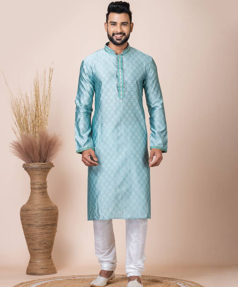 Green designer festive wear jacquard kurta-pajama